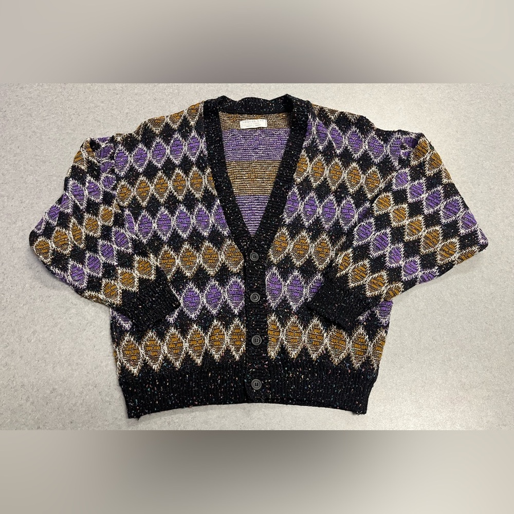 VTG Sequel Black Purple Gold Geometric Pattern Cardigan Sweater—Large (Unisex)